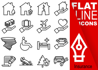 Editable stroke 70x70 pixel. Simple Set of insurance vector sixteen flat line Icons - fire, flood, earthquake, house, finance, travel, health, hurricane, wheelchair, contract, car accident, repair