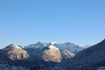 Brenta Dolomites from the alpine village of Bondo, Val Rendena, Trentino, Italy