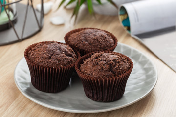 Fresh baked chocolate muffins on gray plate