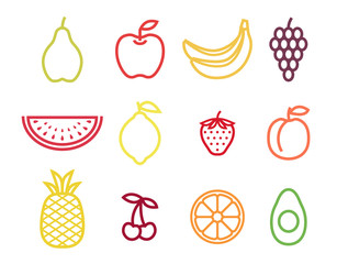 Colorful outline fruit icon set. Fruits icons in color, stroke, no fill color