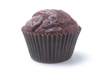 Delicious homemade cupcake with raisins and chocolate isolated on white background. Muffins. Top view.