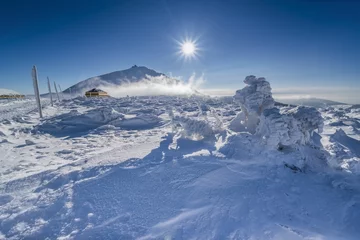 Crédence de cuisine en verre imprimé Hiver Beautiful landscape of winter Karkonosze mountains, Panorama