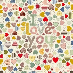  Seamless pattern with colorful hearts and I love you phrase.
