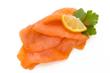 Fresh salmon slice and spice on the white background.