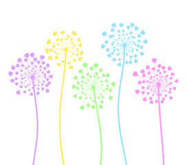 Colorful dandelion flowers in cartoon style on white, stock vector illustration