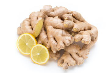 Ginger bio and lemon on white background.