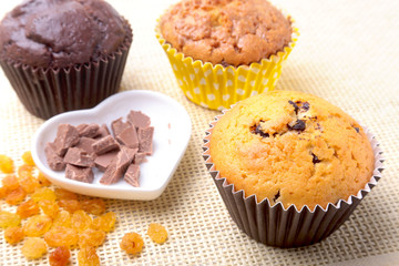 Assorted with Delicious homemade cupcakes with raisins and chocolate chips isolated on textile background. Muffins. Top view.