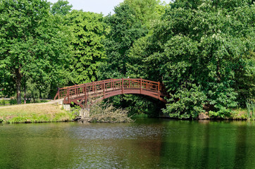 Wooden bridge in a public park in Leipzig, Germany