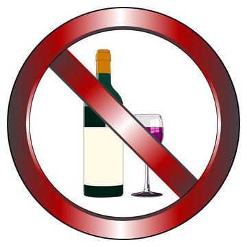 Red, metallic "No drinking" sign. Simple design with a wine bottle and glass. Isolated on white