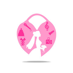 Wedding logo with the bride and the castle. The girl in the dress is planning a celebration. Attributes of the party: cake, music, camera, gifts, makeup, bouquet, dress, veil. Set