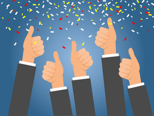 thumb up, ok, victory in business, vector isolated illustration of men's hands in business suits with explosion of confetti,, a sign of success