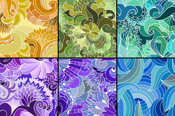 A set of six color abstract seamless vector patterns with waves and lines. Summer template. Design for wallpaper, textile or other.