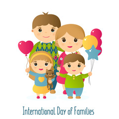 Vector illustration with the image of people. A happy family of four and a cat. Holiday International day of Families. Children hold balloons in their hands. Mom and Dad are in an embrace.