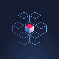 Blockchain icon or logo - 3d isometric block chain bit coin concept vector illustration