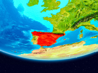 Satellite view of Spain in red