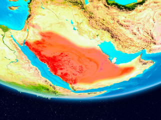 Satellite view of Saudi Arabia in red