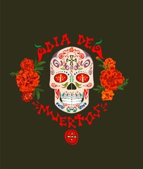 T-shirt print with mexican sugar skull,  dia de muertos hand drawing lettering and marigold for day of death on black background