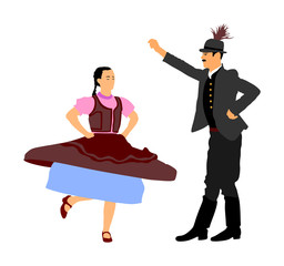 Hungarian folk dancers couple vector. Germany folk dancers couple. Austrian folk dancers couple. East Europe folklore. Couple in love dancing Balkan folk. Folklore event on wedding ceremony.