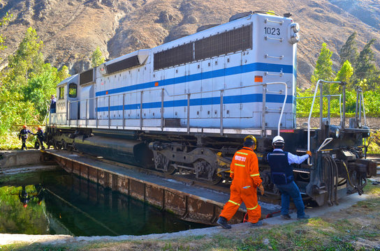 A train engine Ferrocarril Central Andino being turned at San Bartolome, near Chosica on the Lima to Huancayo route in Peru.