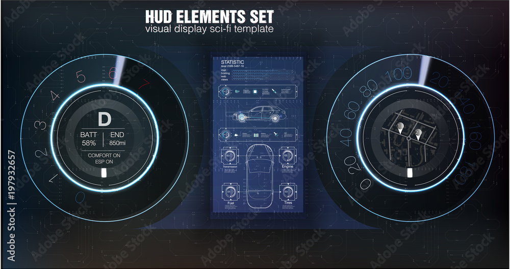Poster automotive dashboard of the future. hybrid car. diagnostics and elimination of breakdowns. blue. hud