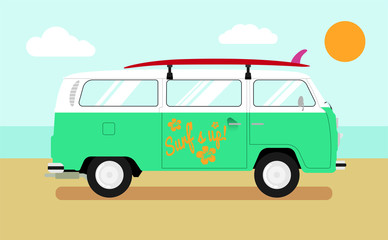 A surfer van parked on the beach