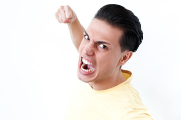 Portrait of danger man, roar and shout at camera