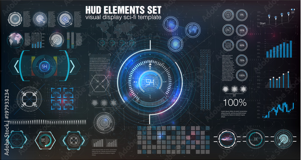 Poster HUD UI. Abstract virtual graphic touch user interface. Infographic. Vector science abstract.  Vector illustration. Futuristic user interface.Graphic display control the pallet rocket. Sky-fi HUD.