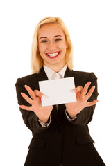 Fototapeta premium Attractive business woman hilding blank white banner isolated over white background