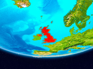 Satellite view of United Kingdom in red