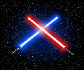 Two crossed light swords - blue and red crossing laser lightsabers vector illustration
