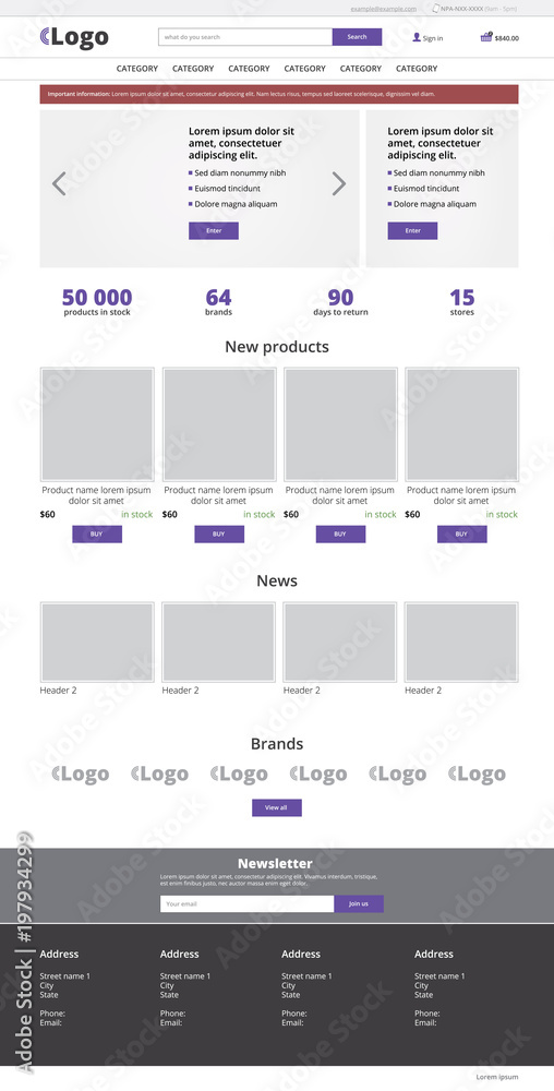Wall mural ecommerce website template, modern vector flat design layout. internet business web page
