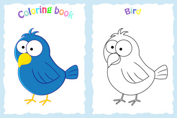 Coloring book page for preschool children with colorful bird and