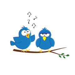 Cute acrtoon blue birds couple sitting on the brunch. Vector ill