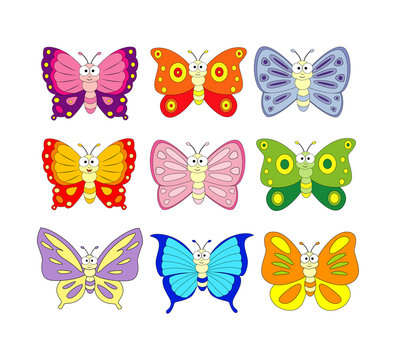 Set of 9 cartoon butterfly. Vector illustration isolation on whi