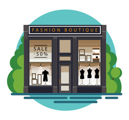 Boutique. Boutique facade. Fashion boutique. Illustration of a fashion boutique in a flat style. Beautiful fashion boutique with clothes in the shop window. Boutique showscase with dummy. Vector