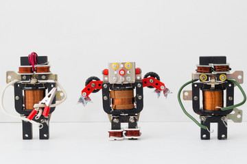 STEM education. Metal Robot in the class of engineering and chemistry. Modern technologies. Free space for text. Robotics. Bot. Code.  © AlesiaKan