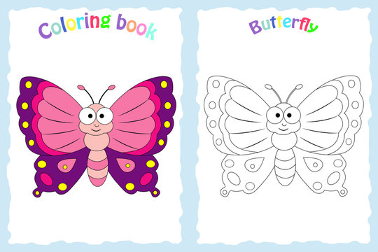 Coloring book page for preschool children with colorful butterfl