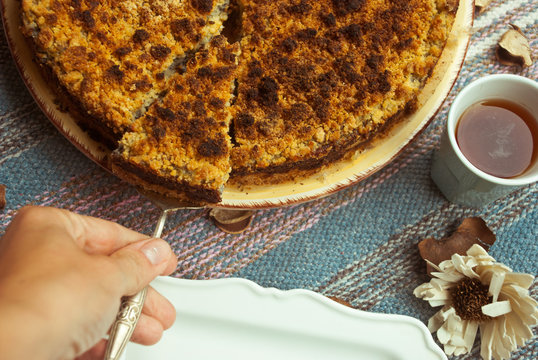 tasty breakfast with poppy cramble pie and coffee. Homemade cake.