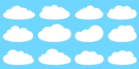 Set of flat clouds in sky. Collection of white clouds on blue background. Graphic vector design element for logo, label, web and print.