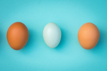 trois oeufs sur fond vert dont un oeuf blanc