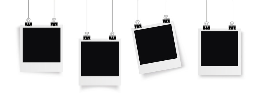 Set Photo frame hanging on a clip. Retro vintage style. Retro Photo Frame Template for your photos. White plastic border on a transparent background. - stock vector.