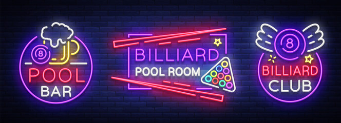 Billiards set of neon signs. Collection Design Patterns Bright neon emblem, logo for Billiard Club, Bar, Tournament. Light banner, night sign for your projects. Vector Illustrations