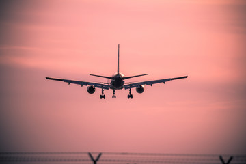 Plakat Airplane landing at sunset
