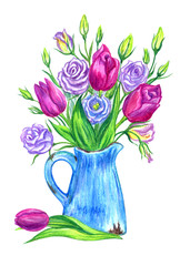 Bouquet of tulips and lisianthus in a blue jug, watercolor drawing on a white background, isolated with clipping path.