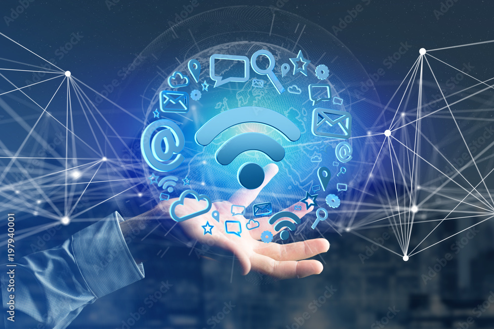 Poster wifi symbol connection surrounded by multimedia and internet application logo - 3d rendering