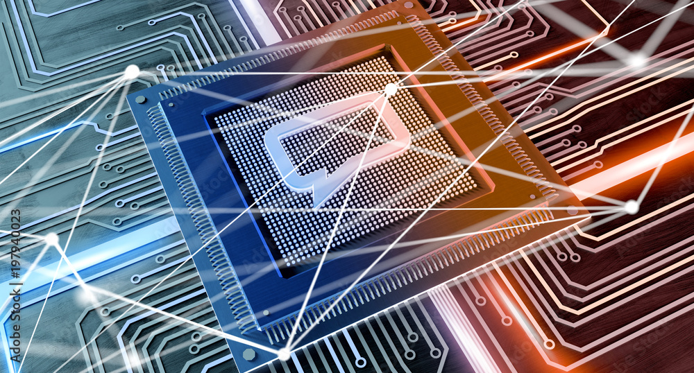 Poster cpu processor chip with a message and network connection on a circuit board - 3d render