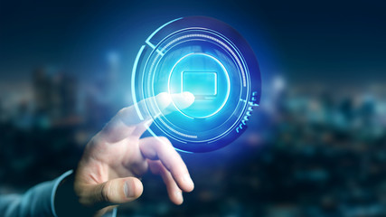 Businessman holding a Shinny technologic computer button - 3d render