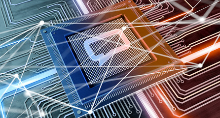 CPU processor chip with a message and network connection on a circuit board - 3d render
