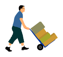 Hard worker pushing wheelbarrow and carry big box vector illustration isolated on white background. Delivery man moving package  by cart. Service moving transport. Warehouse job activity. Distribution - obrazy, fototapety, plakaty