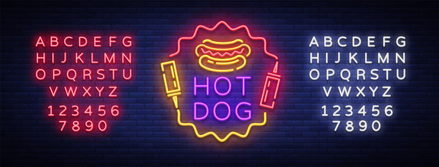 Hot Dog neon sign vector. Hot dog logo neon style design template, night neon emblem, light banner, light night advertising of fast food for cafe, restaurant, snack bar, bar. Editing text neon sign